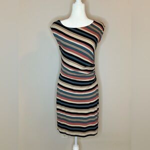 LOFT Asymmetrical Striped Dress in Black, Blue, Coral and Tan